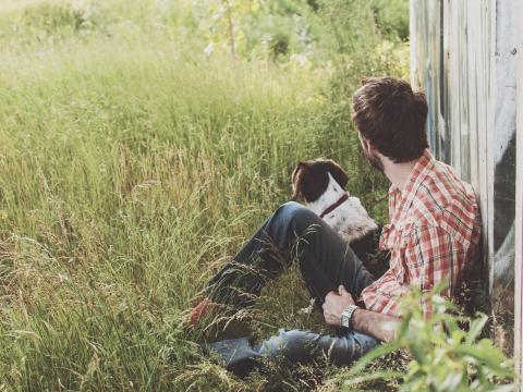 Mensch mit seinem Hund in der Natur 